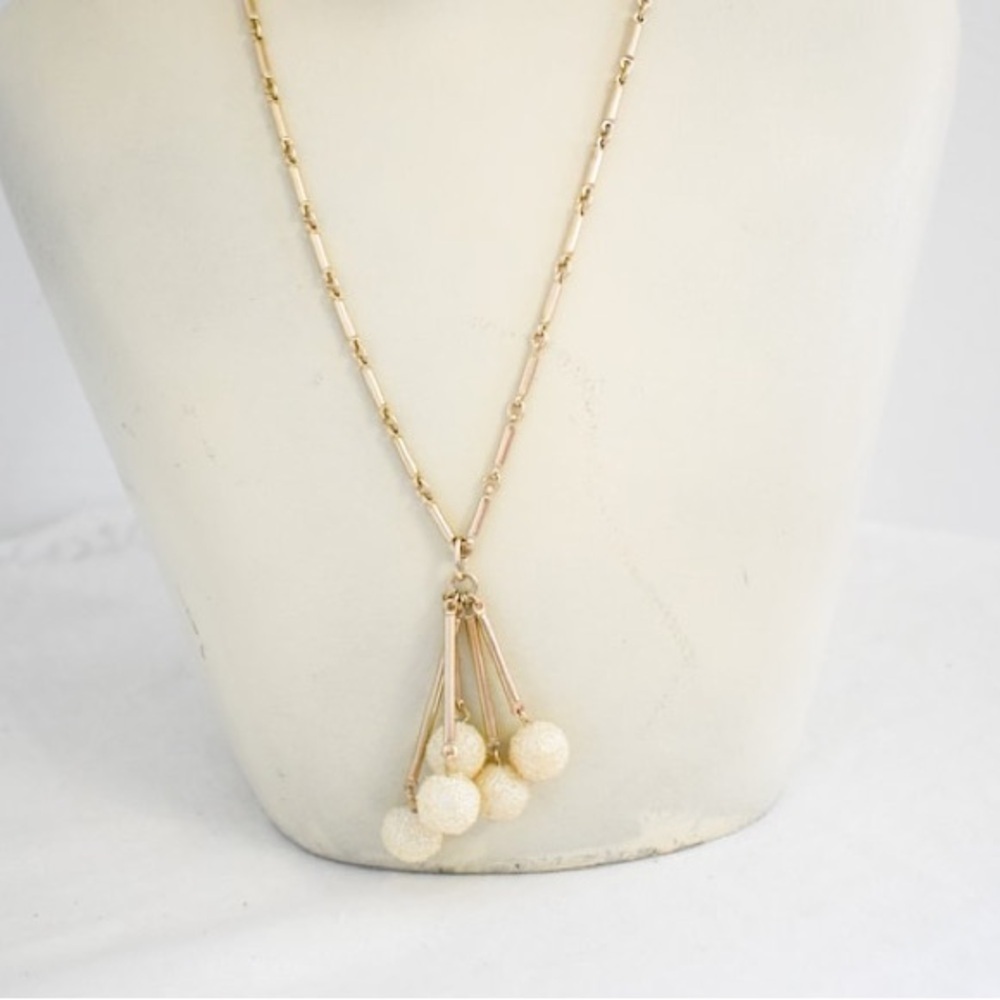 Sarah Coventry Vintage 1960’s Gold tone and White Ball Tassel Pendant 20"